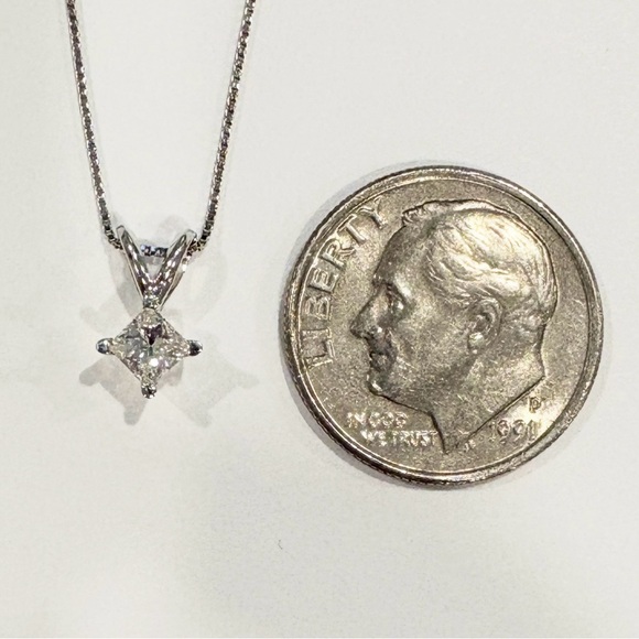 Vintage 14K White Gold Diamond Solitaire Necklace: Princess Cut Dainty Pendant - Picture 9 of 11